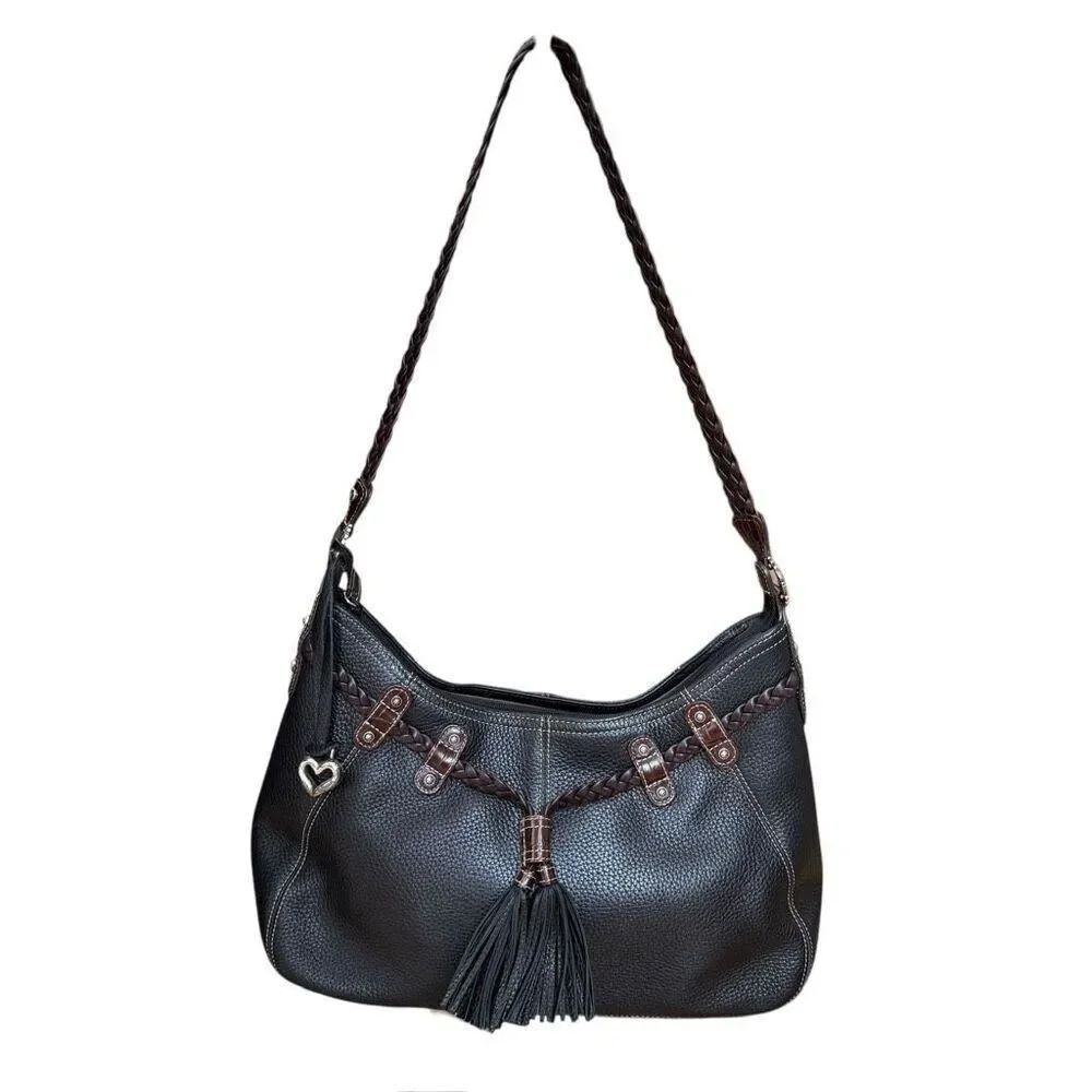 Brighton Black Brown Leather Purse Braided Tassels Heart Charm Thick Pebble